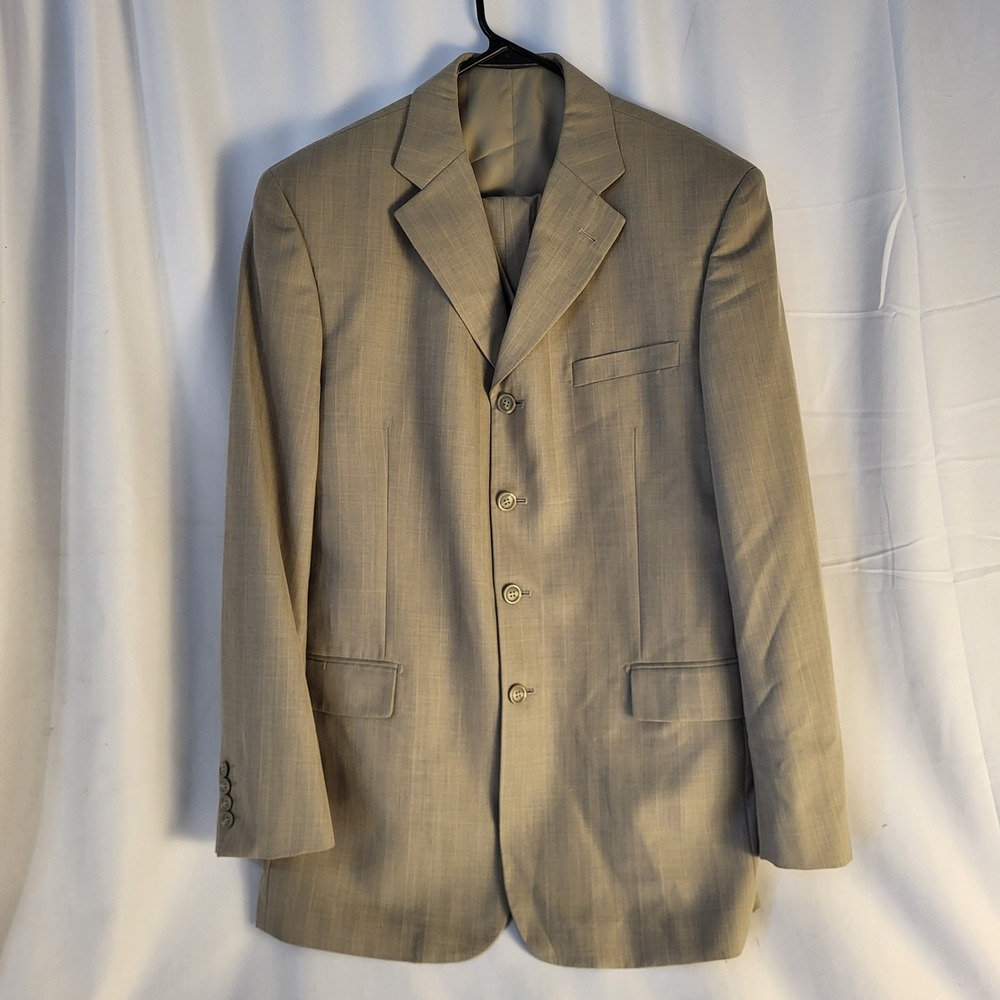 Zandello 42L Blazer 32x32 Tan Brown Striped 3 Piece Vest Mens Jacket Pants Suit